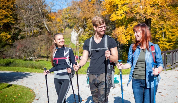 Autentico Gruppo Amici Viaggio Turistico Piedi Con Zaini Bastoncini Trekking — Foto Stock