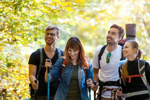 Authentic Group Friends Tourist Trip Walking Backpacks Trekking Sticks — Stock Photo, Image