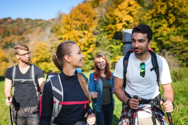 Gruppo Amici Sorridenti Trekking Insieme Nella Natura Escursionisti Alla Scoperta — Foto Stock