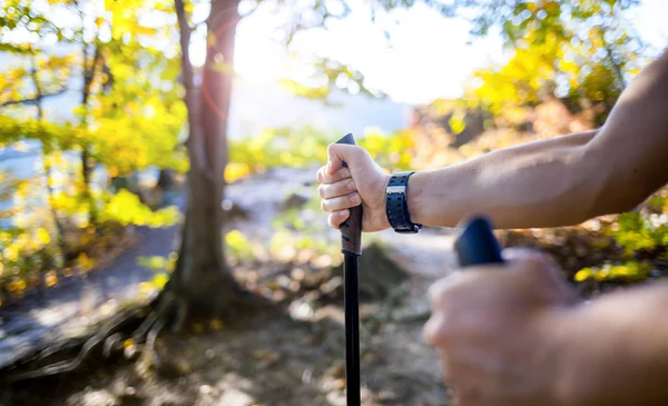 Homem Trilha Segurando Paus Trekking — Fotografia de Stock