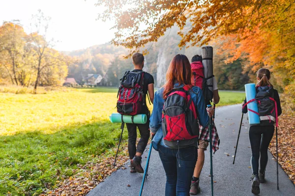 Freunde Mit Rucksäcken Wandern Gemeinsam Freien Trekking Und Tourismus — Stockfoto