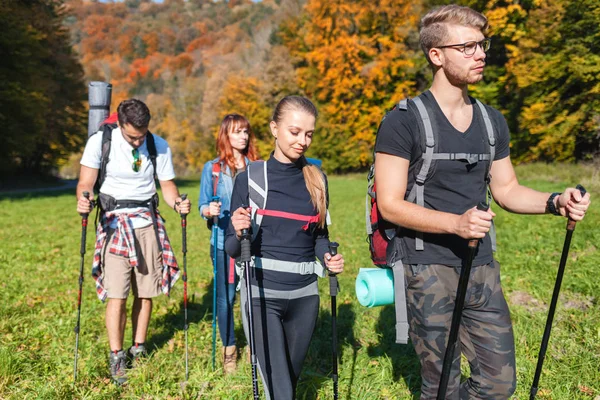 Freunde Mit Rucksäcken Wandern Gemeinsam Freien Trekking Und Tourismus — Stockfoto