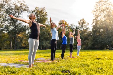 Parkta dışarıda yoga yapan insanların karışık yaş grubu