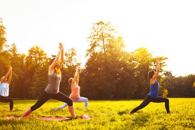 Gün batımı sırasında parkta yoga yapan insanların karışık yaş grubu