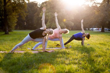 Parkta yoga, gün batımında poz veren bir grup karışık yaş kadını.