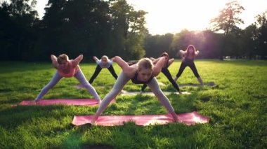 Gün batımı sırasında parkta yoga yapan insanların karışık yaş grubu
