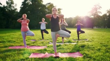 Gün batımı sırasında parkta yoga yapan insanların karışık yaş grubu