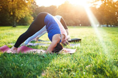 Parkta yoga, gün batımında poz veren bir grup karışık yaş kadını.