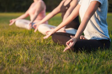 Parkta yoga yapan ve gün batımında meditasyon yapan bir grup insan.