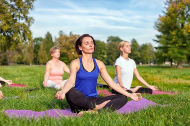Parkta yoga yapan, orta yaşlı bir kadın. Bir grup melez insanla egzersiz yapıyor.