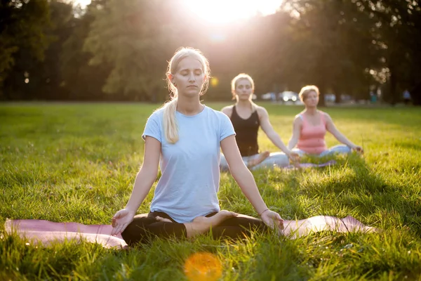 Yoga Parque Grupo Mujeres Edad Mixta Practicando Yoga Meditando Mientras — Foto de Stock