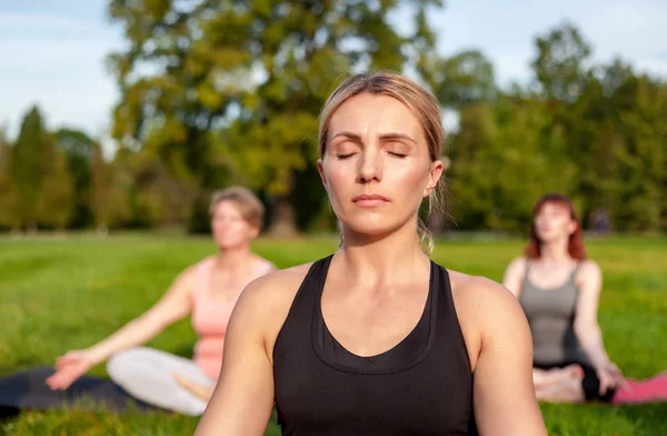 Yoga Parque Mujer Mediana Edad Haciendo Ejercicios Con Grupo Personas —  Fotos de Stock
