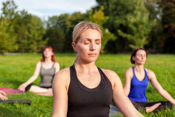 公园里的瑜伽 中年妇女和一群混血儿一起做运动 — 图库照片