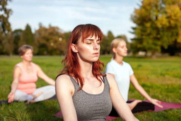 Yoga Parkta Genç Kadın Ile Karışık Yaş Insanların Grup Yapıyor — Stok fotoğraf