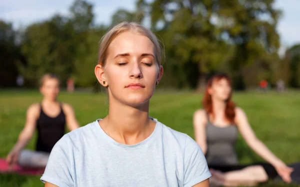 Yoga Parkta Genç Kadın Ile Karışık Yaş Insanların Grup Yapıyor — Stok fotoğraf