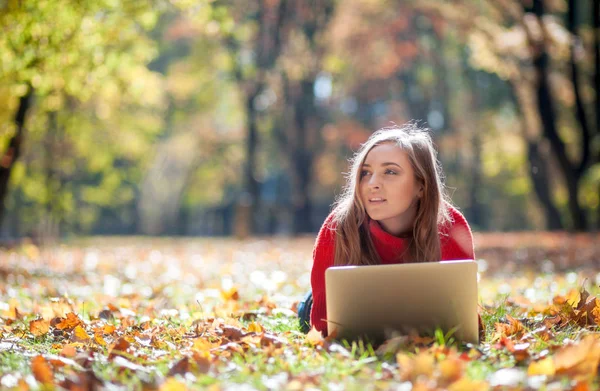 Mulher Sorridente Bonita Usando Laptop Livre Deitado Gramado — Fotografia de Stock