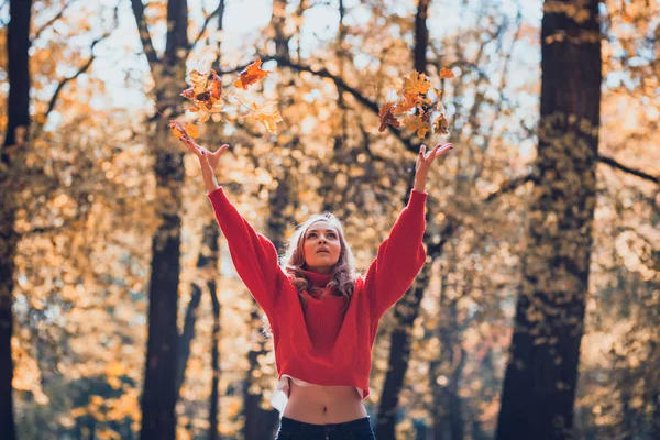 Женщина Трикотажном Свитере Бросает Листья Осенний Парк — стоковое фото