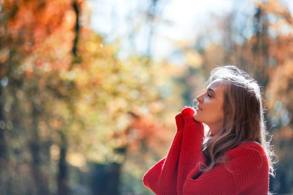 Mulher Natural Suéter Macio Livre Emoções Positivas — Fotografia de Stock