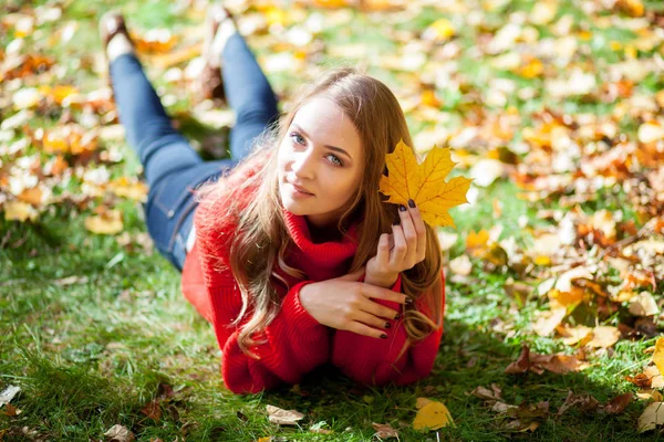 自然妇女拿着五颜六色的秋叶躺在草坪上在公园 — 图库照片