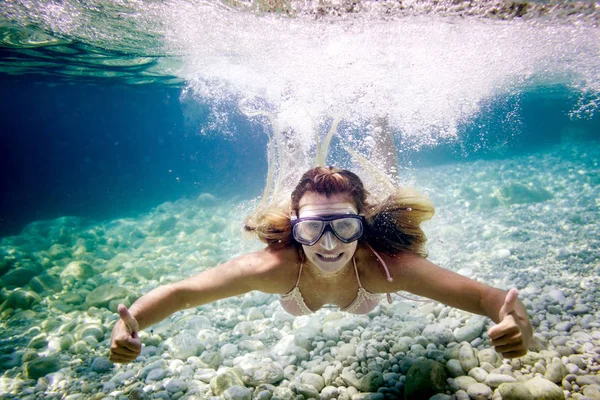 Snorkeling Tropical Sea Woman Shows Thumb Sign Underwater — Stock Photo, Image