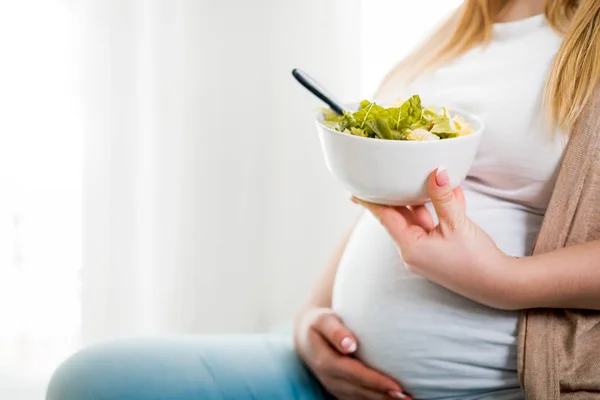 Happy Pregnant Woman Home Eating Vegetable Salad Home Stock Picture