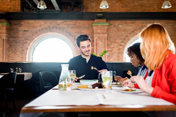 Business lunch in restaurant, corporate meeting concept