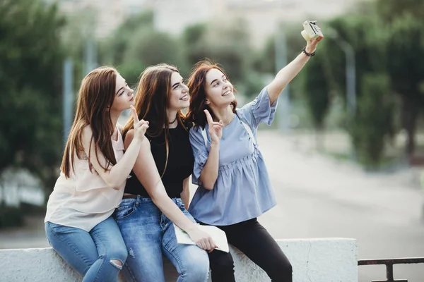 Amigos tomando selfie juntos en fondo de la ciudad —  Fotos de Stock