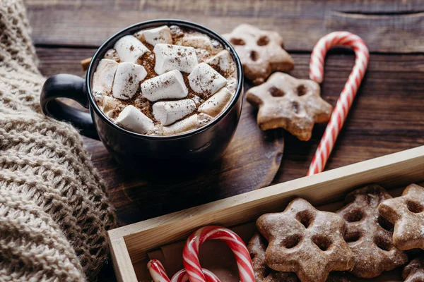Hot chocolate, winter sweets and knitted blanket
