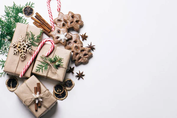 Noel hediye kutuları ve tatlılar ile arka plan