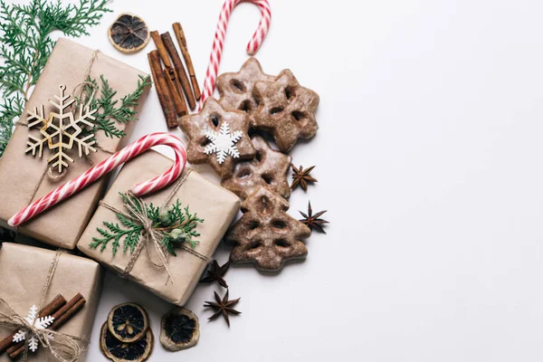 Noel hediye kutuları ve tatlılar ile arka plan