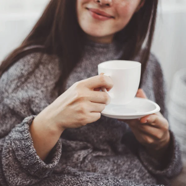 Cozy young woman enjoy morning coffee — Stock Photo, Image