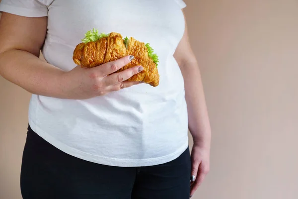 Mujer con sobrepeso y alimentos de engorde poco saludables —  Fotos de Stock