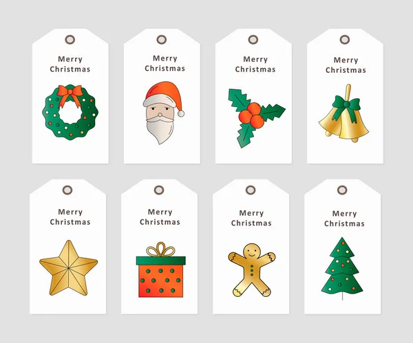 Christmas greeting tag for xmas sale, price, invitation for winter holiday. Set of cute xmas labels with Santa, wreath, star, gift, tree, bow, bell, sock in red and golden color. Vector illustration