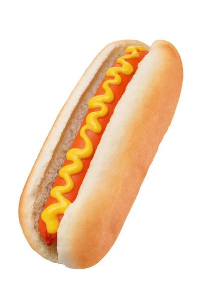 Hot Dog Integralną Częścią Musztarda Białym Tle Ścieżki Przycinające — Zdjęcie stockowe