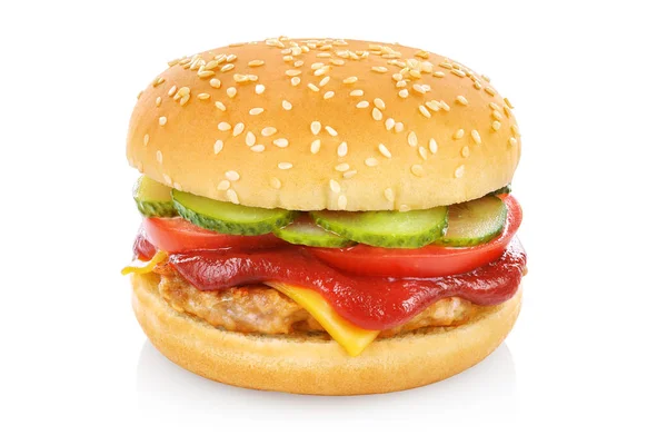 Hamburger Met Kaas Komkommer Tomaat Uien Sla Geïsoleerd Een Witte Stockafbeelding