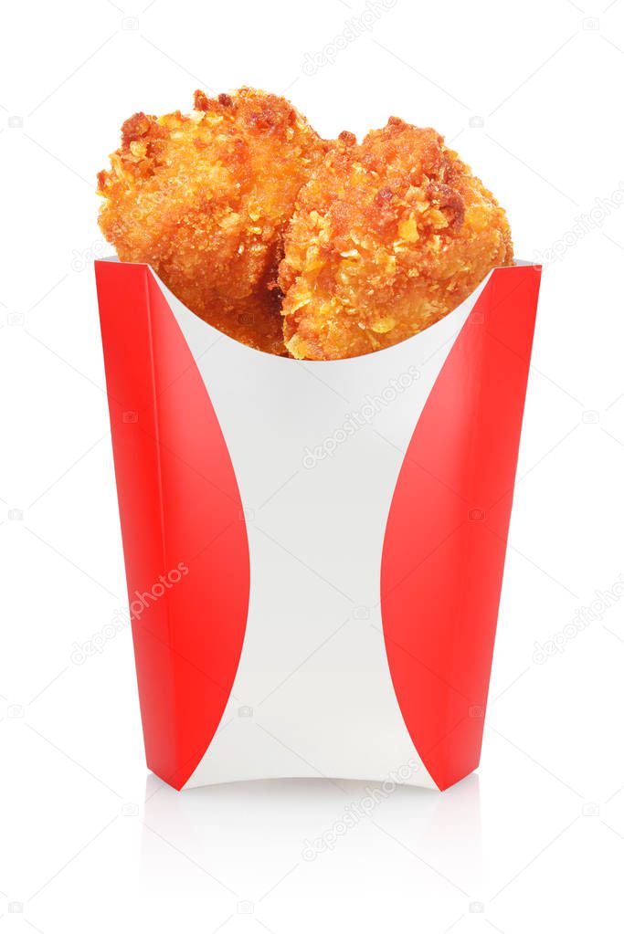 Deep fried chicken drumsticks in take out box isolated on white background