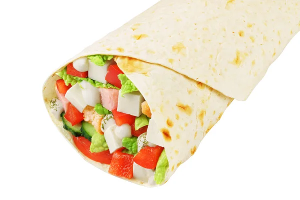 希腊包三明治与羊 卷心菜 辣椒粉 西红柿孤立白色 — 图库照片