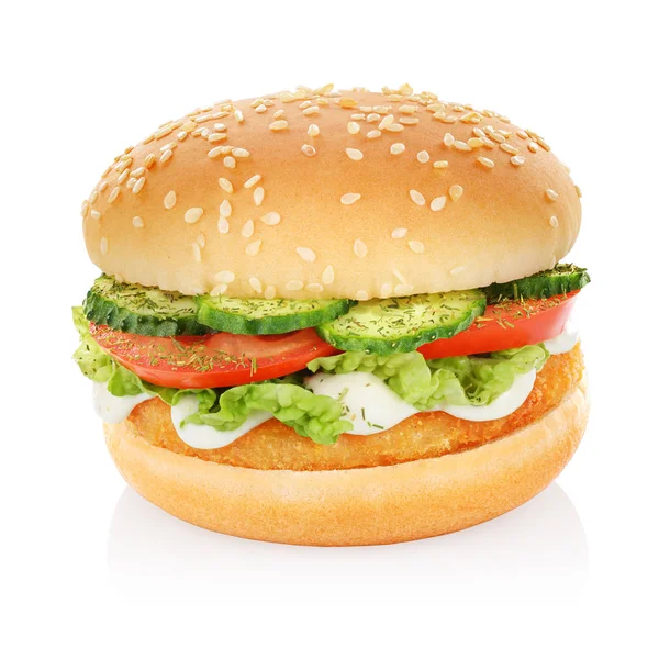Hamburger Patty Csirke Uborkát Paradicsomot Fejes Saláta Elszigetelt Fehér Background — Stock Fotó