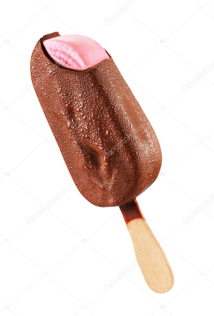 Bitten pink ice cream popsicle with chocolate isolated on white background. Clipping path included