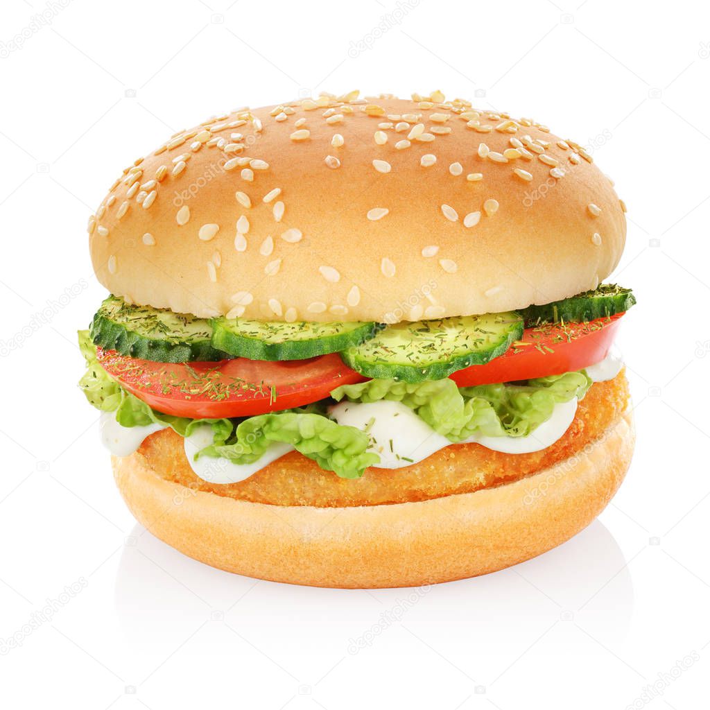Hamburger with chicken patty; cucumber, tomato and lettuce isolated on white background. Clipping path included