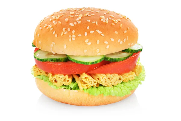 Vega Burger Fuzhu Vagy Bőr Tofu Uborka Paradicsom Saláta Elszigetelt — Stock Fotó