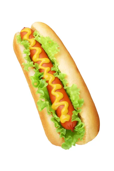 Hot Dog Met Worst Verse Sla Geïsoleerd Een Witte Achtergrond — Stockfoto