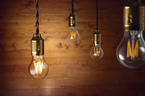 Classic Old Fashion Led Filament Bulbs Hanging Brown Wooden Background — Stock Photo, Image