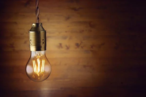 Classic Old Fashion Led Filament Bulb Hanging Brown Wooden Background — Stock Photo, Image