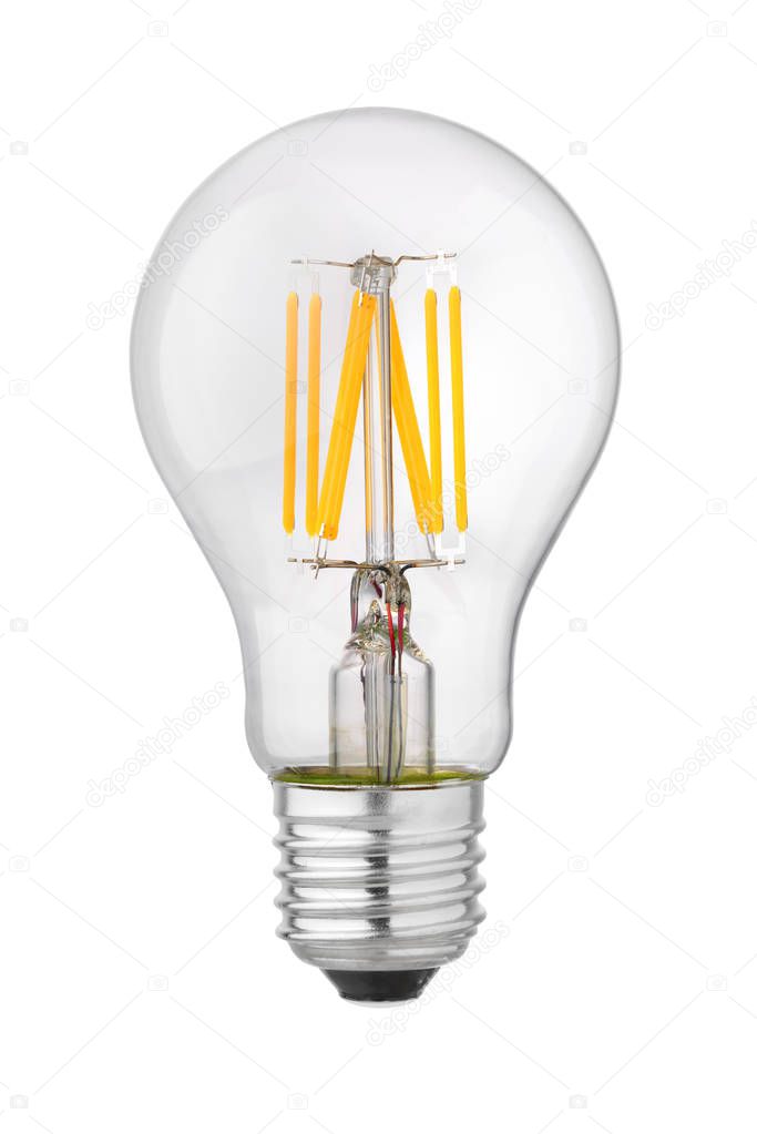 Modern transparent LED filament bulb isolated on white background