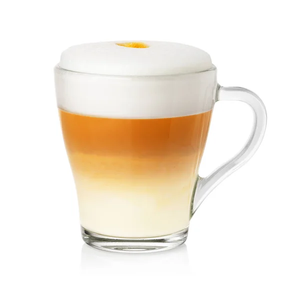 Copo Transparente Com Café Cappuccino Espuma Leite Isolado Fundo Branco — Fotografia de Stock