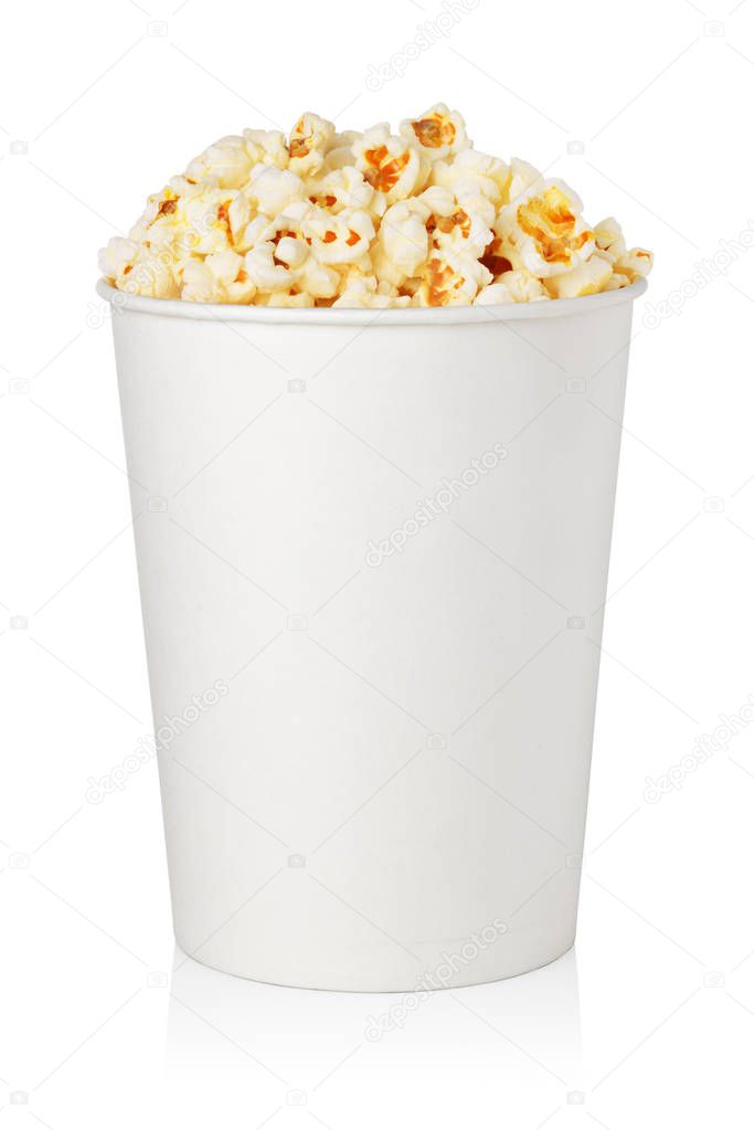 Popcorn in clean cardboard take out bucket isolated on white background