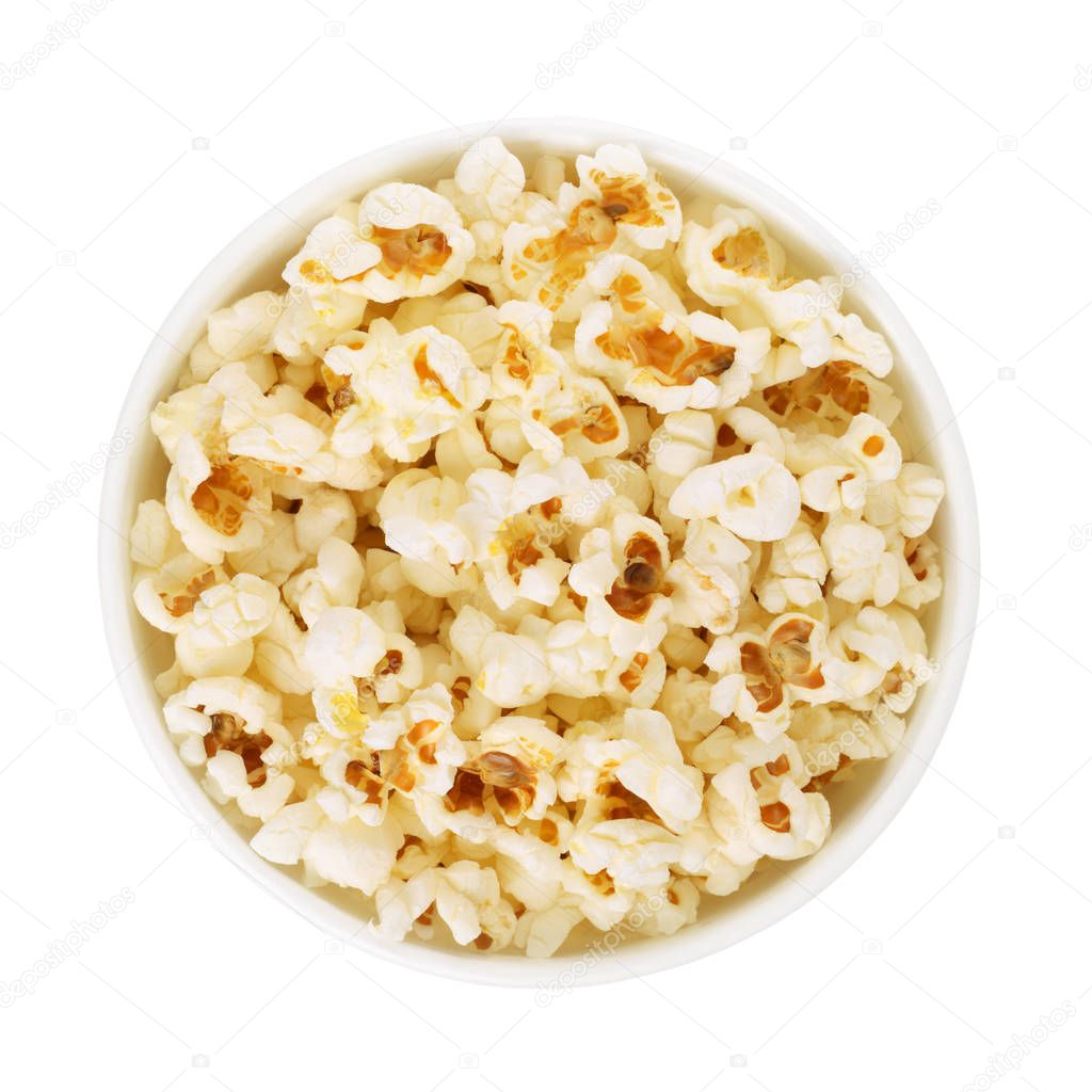 Popcorn in cardboard take out bucket isolated on white background. Top view
