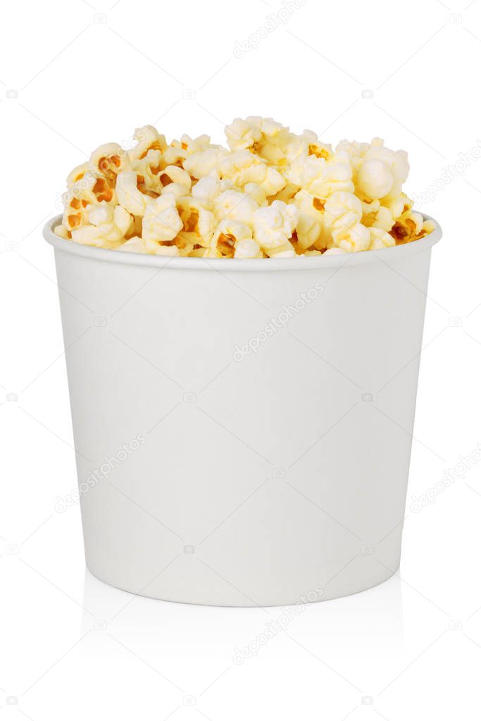 Popcorn in clean cardboard take out bucket isolated on white background