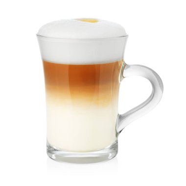 Beyaz arka plan üzerinde izole cappuccino kahve ve süt köpüğü ile şeffaf Kupası
